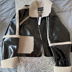Steve Madden Black Patent Teddy Jacket with Cream Sherpa Trim